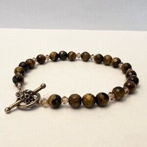 Beaded Bracelet Faceted Tiger’s Eye and Crystal Beads with Bronze Clasp